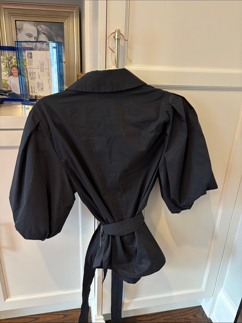 Jonathan Simkhai Black Puff-Sleeve Wrap Blouse with Self-Tie Waist - Picture 3 of 6